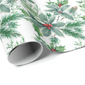 Papier Cadeau Festif Holly Berry Aquarelle Noël (Coin rond)