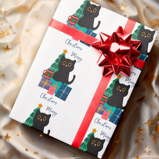 Papier Cadeau Festif Joyeux Noël mignon Cat noir café Art
