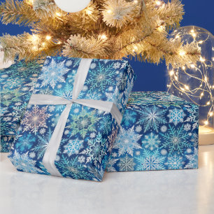 Papier Cadeau Festif Noël bleu flocons de neige carrelé motif