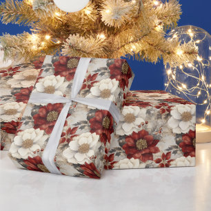 Papier Cadeau Festif Noël Floral Rouge & Blanc Poinsettias