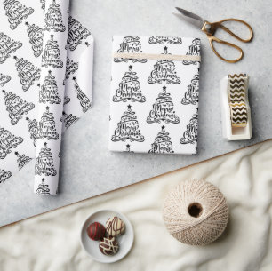 Papier Cadeau Festif noir et blanc Joyeux Motif d'arbre de Noël