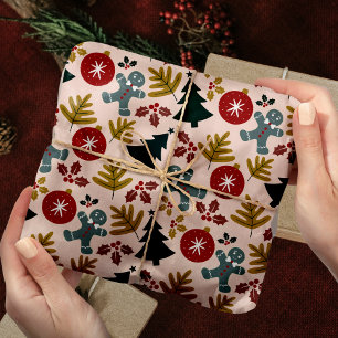 Papier Cadeau Festif Peach Christmas Tree and Gingerbread Hommes
