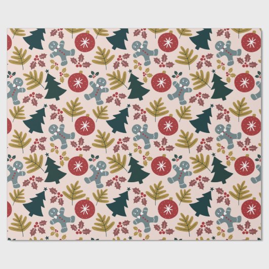 Papier Cadeau Festif Peach Christmas Tree and Gingerbread Hommes (Plat)