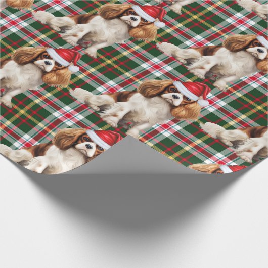 Papier Cadeau Festif Plaid Cavalier Spaniel Père Noël Chien Noël (Coin)