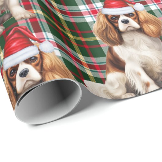 Papier Cadeau Festif Plaid Cavalier Spaniel Père Noël Chien Noël (Coin rond)