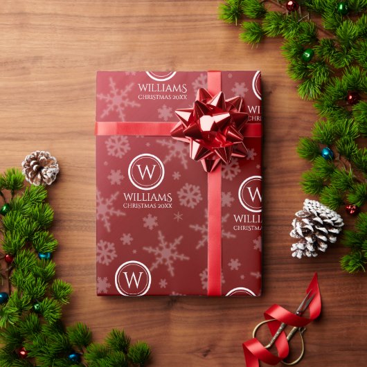 Papier Cadeau Festif Red Foil Snowflakes Nom du monogramme (Cadeau de vacances)