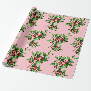 Papier Cadeau Festif Vintage Christmas Holly Berries sur rose