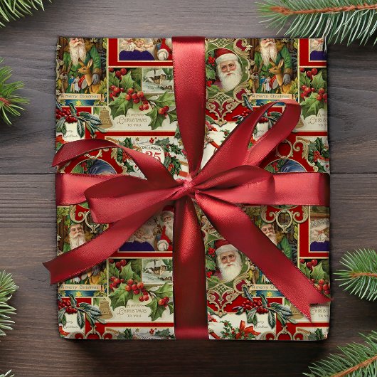 Papier Cadeau Festif Vintage Noël Ephémère Collage-Rouge