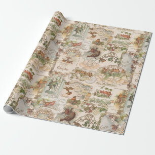 Papier Cadeau Festif Vintage Noël Oiseau et Ephémère de fleur