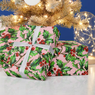 Papier Cadeau Festif Vintage Noël Rouge Holly Berries rose