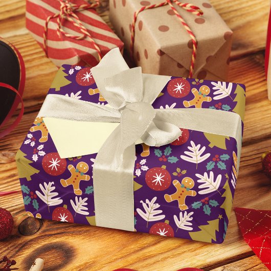 Papier Cadeau Festif Violet Arbre de Noël Hommes en pain d'épice