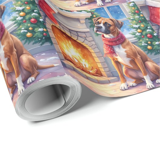 Papier Cadeau Festive Fireplace Boxer Christmas Art (Coin rond)