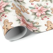 Papier Cadeau Festive Gingerbread Men with Pink Poinsettias (Coin rond)