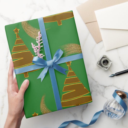 Papier Cadeau Festive Golden Trees sur Green Christmas (Cadeaux)