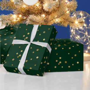 Papier Cadeau Festive Holiday Green & Glittery Gold Stars