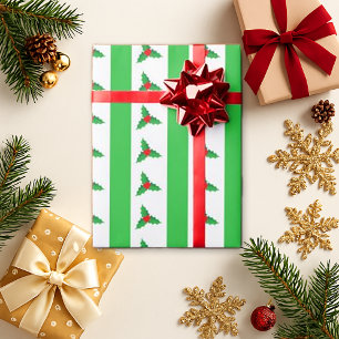 Papier Cadeau Festive Holly Green Stripes Noël