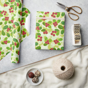 Papier Cadeau Festive Motif de fruits de canneberge, vert