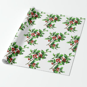 Papier Cadeau Festive Noël Holly Berries sur blanc