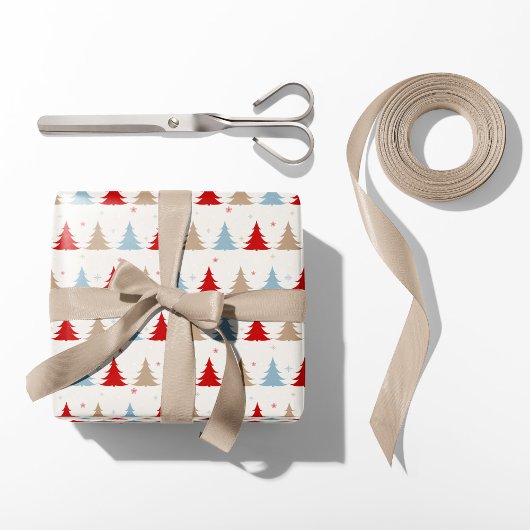 Papier Cadeau Festive Nordic Christmas Trees - Rouge, Bleu & Bei