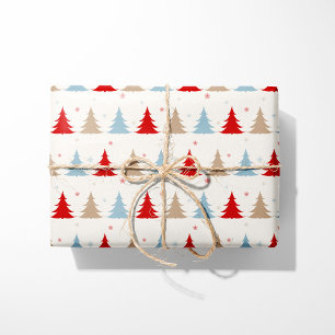 Papier Cadeau Festive Nordic Christmas Trees - Rouge, Bleu & Bei