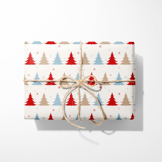 Papier Cadeau Festive Nordic Christmas Trees - Rouge, Bleu & Bei