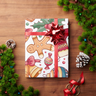 Papier Cadeau Festive Ornements et pain d'épices Noël