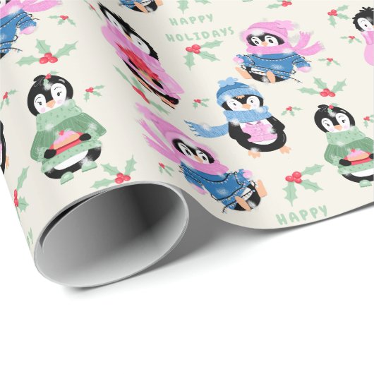 Papier Cadeau Festive Penguins Pattern Christmas Wrapping Paper (Coin rond)