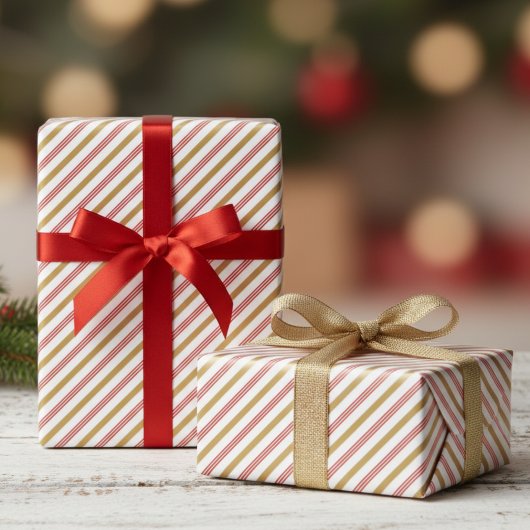 Papier Cadeau Festive Red and Gold Christmas Candy Cane Stripes