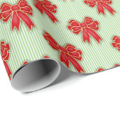 Papier Cadeau Festive Red Christmas Bows on Green Stripes (Coin rond)