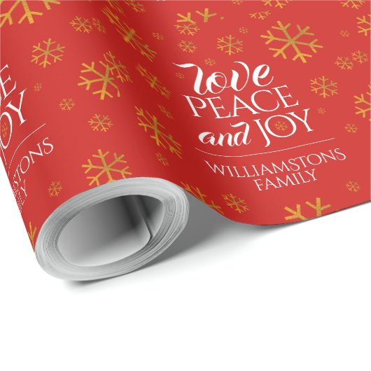 Papier Cadeau Festive Red Love, Peace and Joy with Snowflakes (Coin rond)