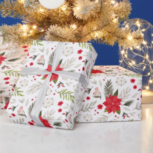 Papier Cadeau Festive Rouge de Noël Poinsettia & Greens sur blan