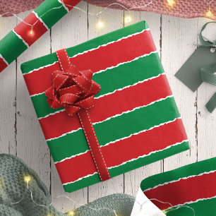 Papier Cadeau Festive Rouge Vert Faux Torn Stripes Noël