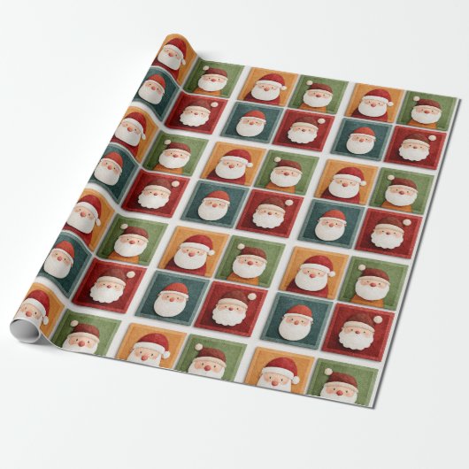 Papier Cadeau Festive Santa Pattern in Bright Blocks (Déroulé)