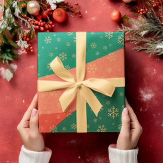 Papier Cadeau Festive Snowflakes sur papier d'emballage rouge et