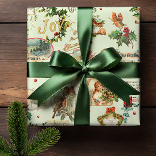 Papier Cadeau Festive Vintage Noël salutations Collage-Green