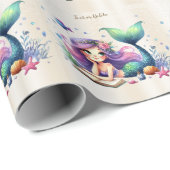 Papier Cadeau Fête Aquarelle Sirène Mer Vie Mignonne Belle (Coin rond)