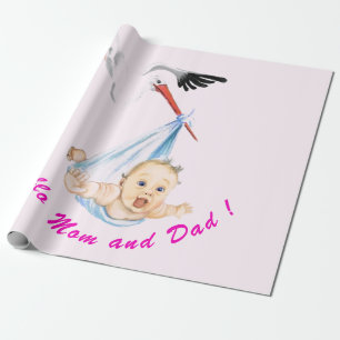 Papier Cadeau Fête Bébé Cigogne Porte Bébé