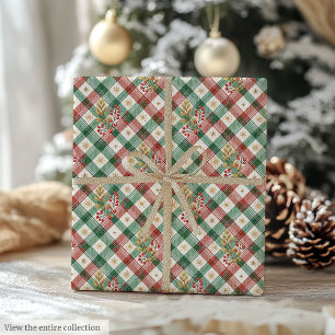 Papier Cadeau Fête carreaux à l'aquarelle rouge et vert vintage