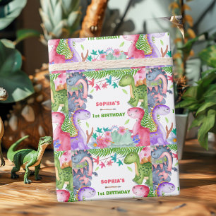 Papier Cadeau Fête d'anniversaire 1 an dinosaure fille mignonne
