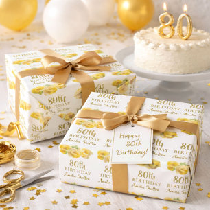 Papier Cadeau Fête d'anniversaire de 80 ans aux roses jaunes flo