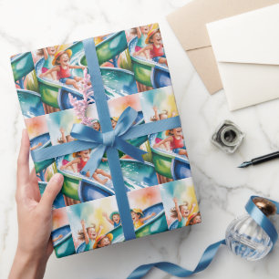 Papier Cadeau Fête d'anniversaire enfant Glissade aquatique aqua