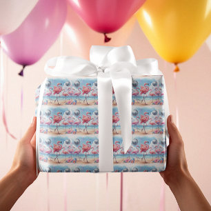 Papier Cadeau Fête d'anniversaire flamant rose sur la plage