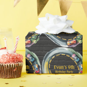 Papier Cadeau Fête d'anniversaire garçon piste de course à l'aqu