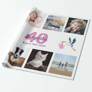 Papier Cadeau Fête de 40e anniversaire photo collage femme blanc