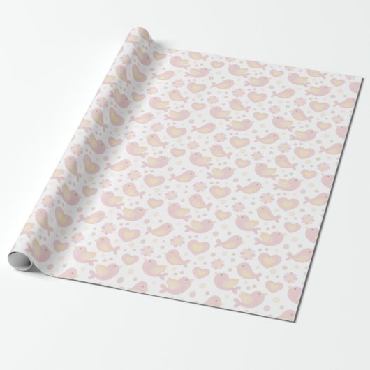 Papier Cadeau Fête de Bébé Oiseaux Roses et Fleurs (Déroulé)