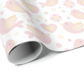 Papier Cadeau Fête de Bébé Oiseaux Roses et Fleurs (Coin rond)