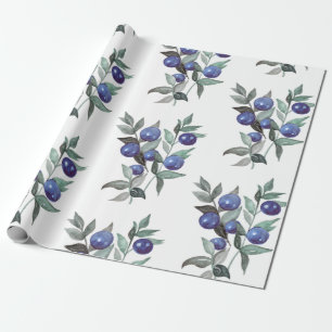 Papier Cadeau Fête de l'Aquarelle Bleu de Noël en blanc