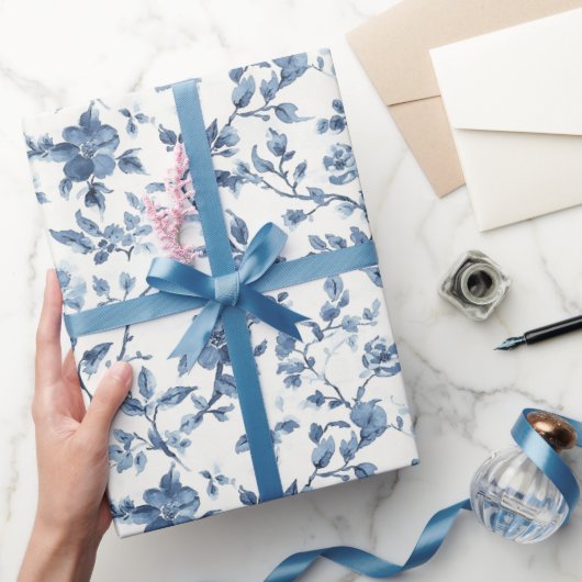 Papier Cadeau Fête de Mariage Fleurs Blanches Bleues (Cadeaux)