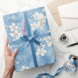 Papier Cadeau Fête de Mariage Fleurs Blanches Jolis Bleu Ciel