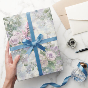 Papier Cadeau Fête de mariage Fleurs roses violettes romantiques